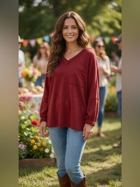 Andree Rust/Red Oversized V-Neck Bat Wing Sleeves w/ Pocket Soft Top NWT